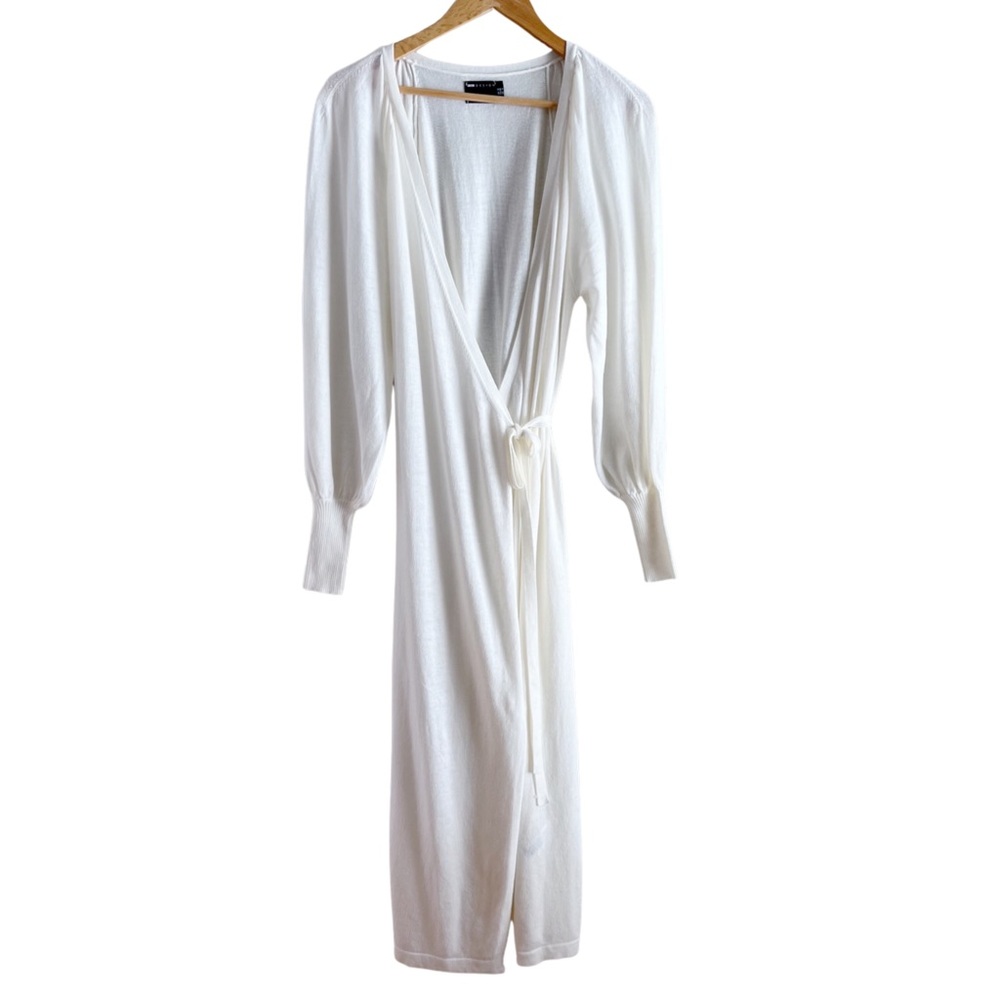 ASOS Design Wrap Knit Sweater Midi Dress in White, Long Balloon Sleeves, Size 6